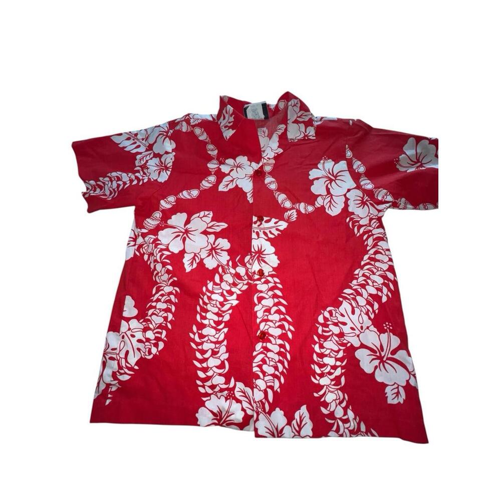 Vintage Hilo Hattie Hawaiian Shirt Red White Floral Aloha Made in Hawaii Boys 16